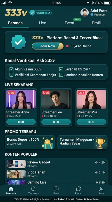 Tampilan kanal resmi 333v
