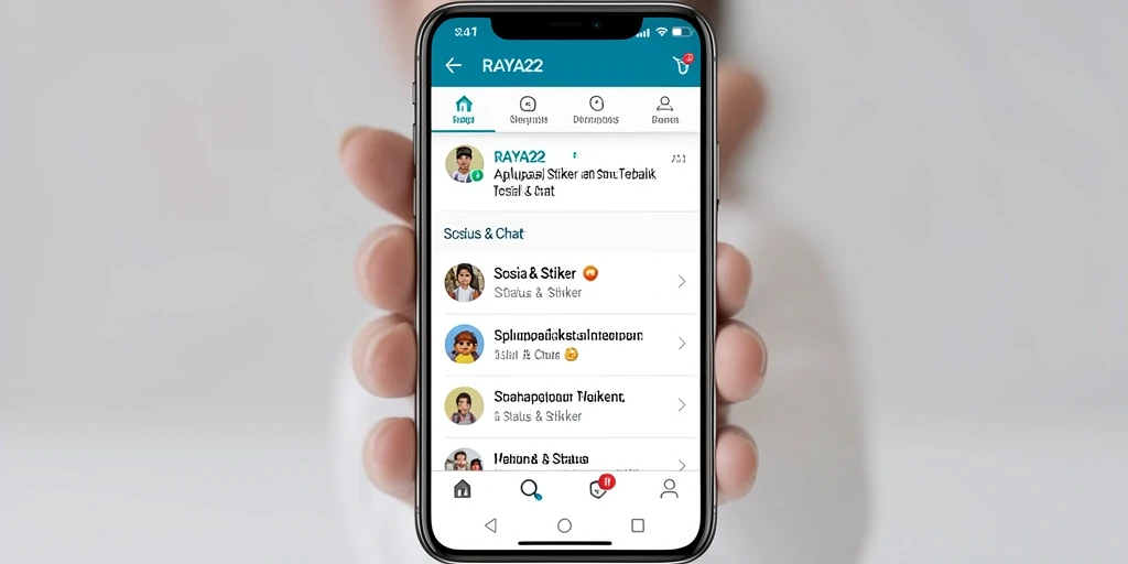 Screenshot antarmuka aplikasi RAYA22 menunjukkan stiker kreatif dan status menarik.