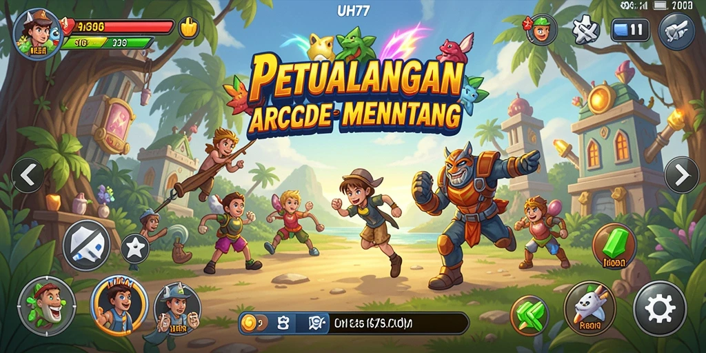 Tampilan antarmuka UH77 yang menarik dan penuh warna dalam permainan Arcade.